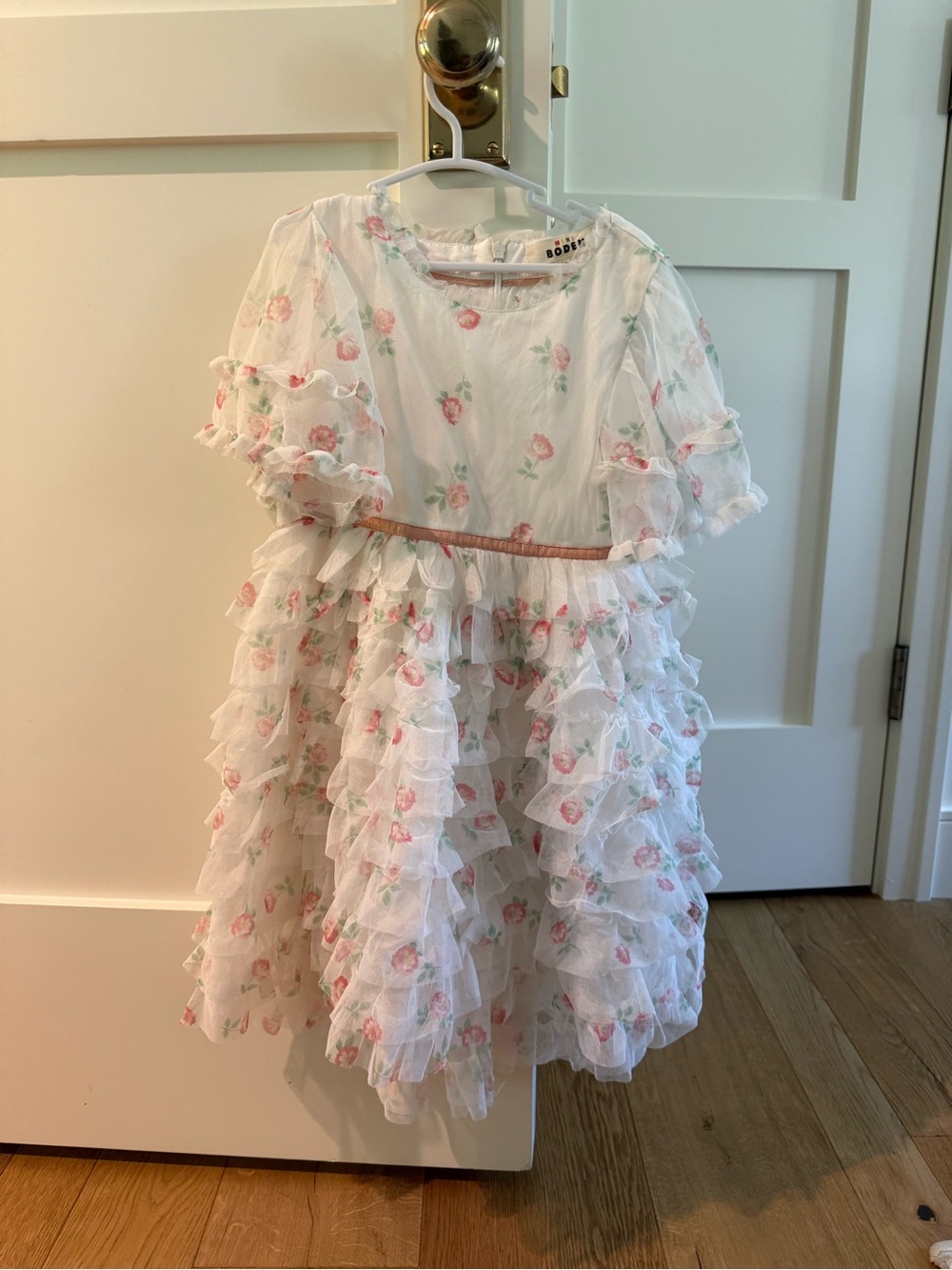 Mini Boden White Floral Ruffle Dress with Pink Roses